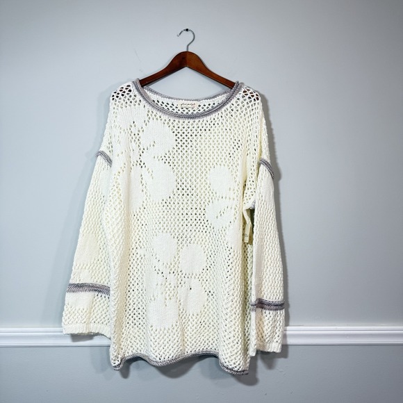 NWT Free People Hidden Tropics Sweater Ivory Purple Trim Open Knit Sz MD Boho - Picture 6 of 13